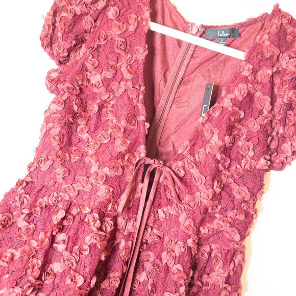 Lulus NWT Burgundy Lace Dress L | 3D Floral Appliqué Wedding Guest Outfit - Picture 10 of 15
